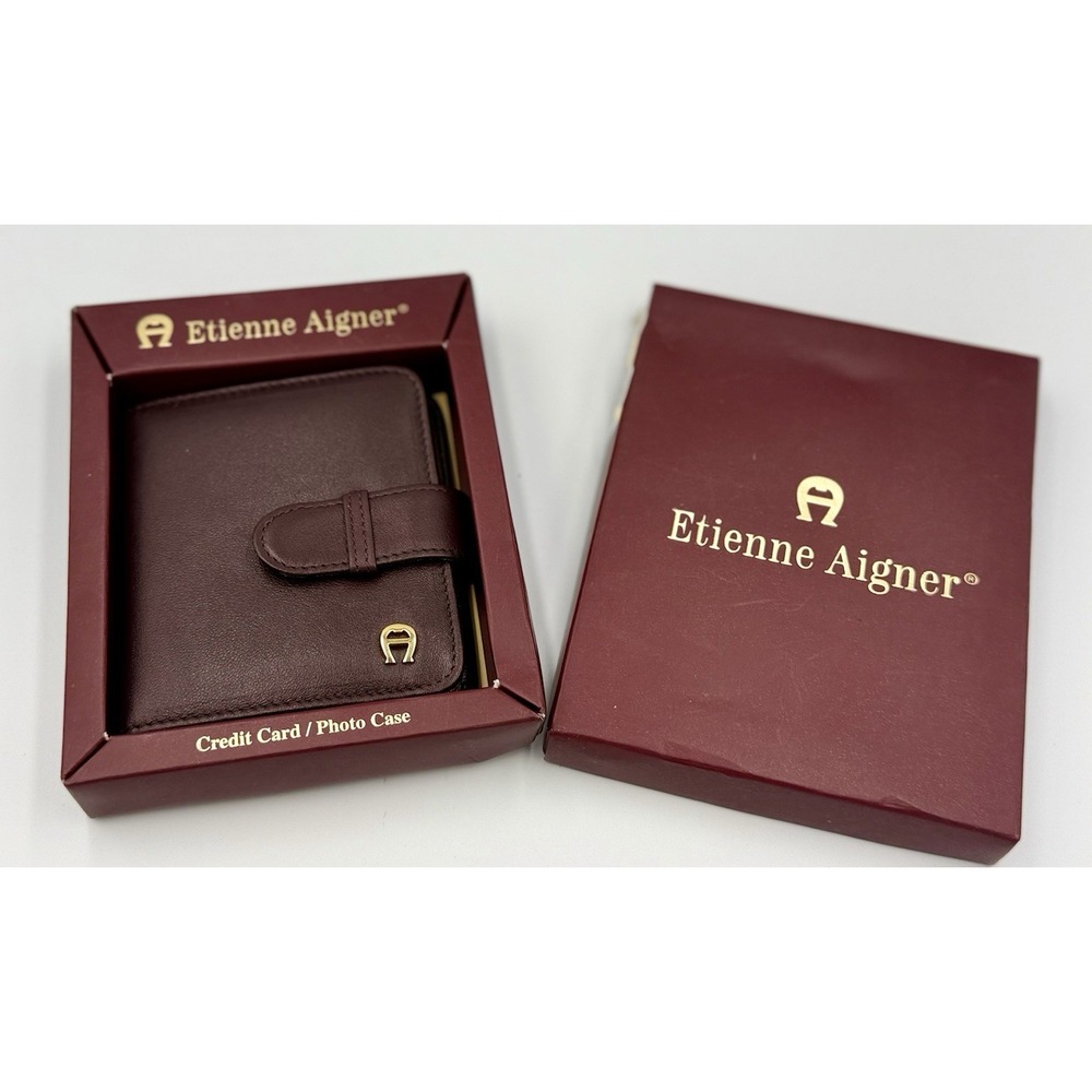 Vintage Etienne Aigner Signature Leather Card Holder Photo Case Brown New in Box